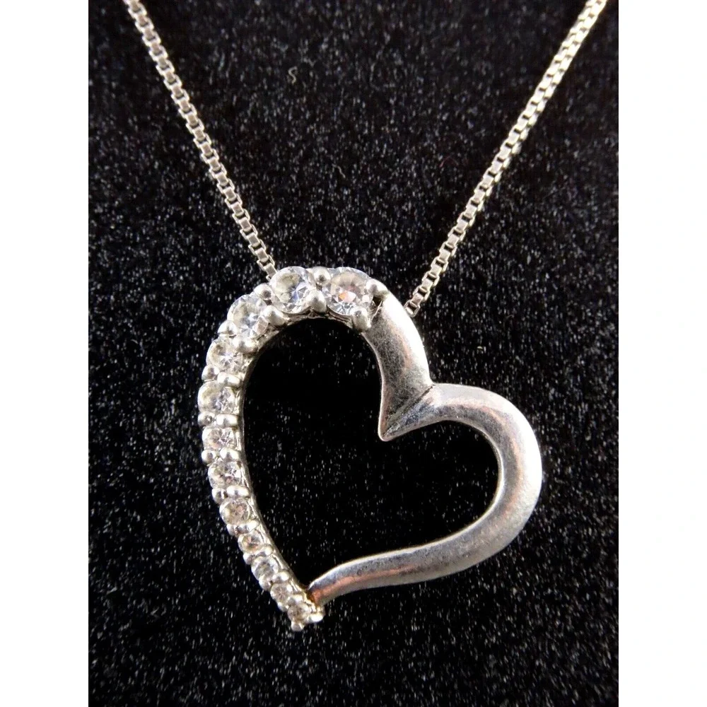 STERLING SILVER Chain Necklace CLEAR CZ SIDEWAYS Open Heart Pendant SUPER SWEET!